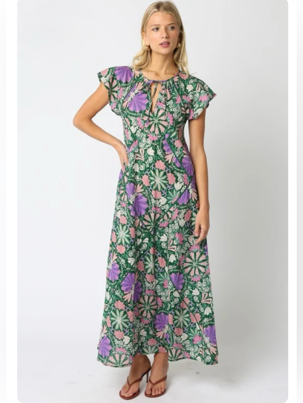 Olivaceous || Floral Maxi Dress Cotton Ladder Stitch Tie Green Purple M NWT